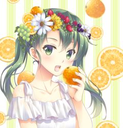  blush breasts casual collarbone commentary_request dress female flower food food_on_head frills fruit fruit_background fruit_on_head green_eyes green_hair hair_between_eyes hair_flower hair_ornament headband holding holding_food holding_fruit kantai_collection long_hair looking_at_viewer minakami_nagara object_on_head open_mouth orange_(fruit) small_breasts smile solo twintails white_dress zuikaku_(kancolle) 