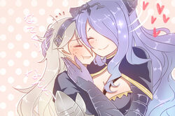  2girls armor blush camilla_(fire_emblem) closed_eyes commentary_request corrin_(female)_(fire_emblem) corrin_(fire_emblem) fire_emblem fire_emblem_fates gauntlets hair_ornament hair_over_one_eye hairband heart hug long_hair multiple_girls pointy_ears purple_hair rojiura-cat siblings sisters smile sparkle yuri 