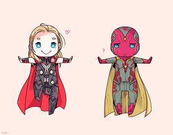  2boys :&gt; :| ? android animification armor avengers:_age_of_ultron avengers_(series) blonde_hair blue_eyes bukimin chibi closed_mouth commentary_request leg_up male_focus marvel marvel_cinematic_universe multiple_boys outstretched_arms superhero_costume thor_(marvel) vision_(marvel) wrist_cuffs 