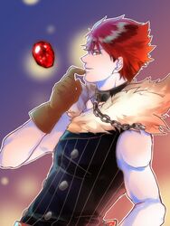  1boy bad_id bad_pixiv_id bishounen black_shirt brown_gloves commentary_request fur_trim gem gloves jewelic_nightmare male_focus name_connection nanakome object_namesake red_eyes red_gemstone red_hair ru_(jewelic_nightmare) shirt sleeveless sleeveless_shirt smile solo togari_kou 