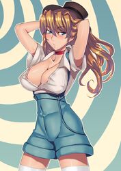  adjusting_hair armpits arms_up blue_eyes breasts brown_hair choker cleavage cometch commentary_request female hat large_breasts long_hair original solo suspenders thighhighs zettai_ryouiki 