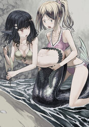  2girls algae ass bad_id bad_pixiv_id beach bent_over bikini black_hair blue_eyes blush bottomless breasts brown_eyes brown_hair cleavage collarbone commentary_request fins frills front-tie_bikini_top front-tie_top hair_ornament hairclip head_fins highres interspecies kneeling looking_at_another medium_breasts mermaid monster_girl multiple_girls open_mouth original pink_bikini polka_dot polka_dot_bikini ponytail ribs seaweed shell side-tie_bikini_bottom sweatdrop swimsuit tefec unworn_bikini_bottom yuri 