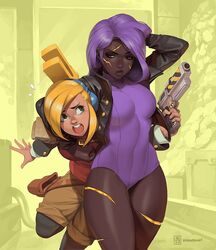  2girls black_legwear blonde_hair breasts brown_eyes commentary covered_navel cowboy_shot cropped_jacket cuts dark-skinned_female dark_skin english_commentary finger_on_trigger flying_sweatdrops gun hand_in_own_hair handgun headlock headphones holding holding_gun holding_weapon holster injury jacket leather leather_jacket leotard lips long_hair medium_breasts mendeleev multiple_girls nose open_mouth purple_hair purple_leotard red_eyes ribbed_leotard robin_(the_iconoclasts) simon_stafsnes_andersen standing the_iconoclasts thick_thighs thigh_holster thighs turtleneck weapon 