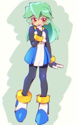  android bad_id bad_twitter_id bracelet chromatic_aberration commentary_request dress female full_body green_hair hair_between_eyes high_heels jewelry kon_(kin219) long_hair looking_at_viewer mega_man_(series) mega_man_zx no_headwear pandora_(mega_man) pantyhose red_eyes robot_ears short_dress simple_background smile solo standing 