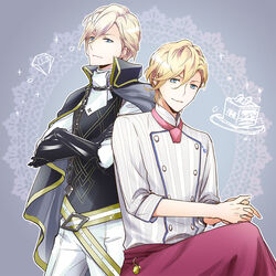  2boys adamas_(jewelic_nightmare) ascot bishounen black_gloves blonde_hair blue_eyes cake cape chains chef commentary_request crossed_arms dual_persona elbow_gloves food gem gloves green_eyes grey_background jewelic_nightmare kirihara_subako male_focus multiple_boys popped_collar smile sumeragi_seiichirou white_hair 