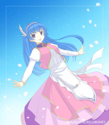  :d artist_name blue_background blue_hair commentary_request dated dress dutch_angle estpolis_denki estpolis_denki_ii feathers female framed gradient_background hairband kuricoronet long_hair long_sleeves looking_at_viewer open_mouth outstretched_arms petals purple_eyes smile solo spread_arms tia_(estpolis) 