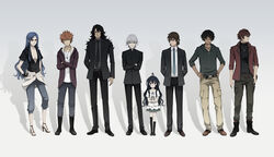  2girls 6+boys ahoge bb-2 black_hair blue_hair brown_hair commentary_request fujiura_you ghost_in_the_shell_lineup glasses grey_hair hinomiya_andy hyoubu_kyousuke jewelry kanou_momiji lineup long_hair magi_shirou minamoto_kouichi multiple_boys multiple_girls necklace necktie parody purple_eyes sakaki_shuuji short_hair the_unlimited:_hyoubu_kyousuke yuugiri_(zettai_karen_children) zettai_karen_children 