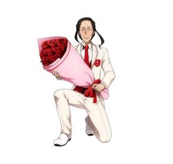  1boy black_hair flower formal highres holding holding_flower kuradeel looking_at_viewer male_focus necktie official_art red_necktie simple_background smile solo suit sword_art_online sword_art_online:_code_register white_background 