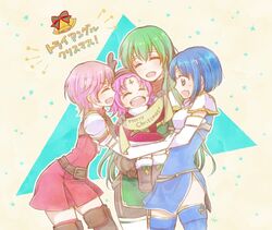  4girls antlers armor bell belt blue_eyes blue_hair boots bow breastplate brown_gloves carrying catria_(fire_emblem) closed_eyes commentary dress elbow_gloves est_(fire_emblem) facial_mark fae_(fire_emblem) fae_(winter)_(fire_emblem) fire_emblem fire_emblem:_mystery_of_the_emblem fire_emblem:_the_binding_blade fire_emblem_heroes forehead_mark from_side fur_trim gloves green_hair headband hira_(otemoto84) horns long_hair merry_christmas multiple_girls open_mouth palla_(fire_emblem) pegasus_knight_uniform_(fire_emblem) pink_hair purple_hair reindeer_antlers short_hair siblings side_slit sisters thighhighs white_gloves white_headband zettai_ryouiki 