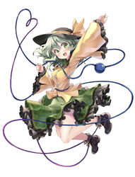  :d ankle_boots arm_up black_footwear blush boots commentary_request cross-laced_footwear female floral_print full_body green_eyes green_hair green_skirt hat hat_ribbon head_tilt heart heart_of_string highres jumping kakao_rantan komeiji_koishi lace-up_boots long_sleeves looking_at_viewer mackintosh_rose open_mouth ribbon rose_print shirt simple_background skirt smile solo third_eye touhou wavy_hair white_background wide_sleeves 