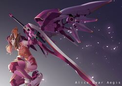  alice_gear_aegis alternate_hairstyle antennae armor bad_id bad_twitter_id closed_mouth copyright_name female fujimo_ruru full_body highres holding holding_weapon huge_weapon leotard light_brown_hair mecha_musume mechanical_boots mechanical_wings orange_leotard purple_eyes shimoochiai_touka sleeveless solo squatting sword twintails weapon wings 