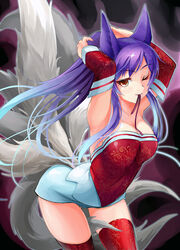  adjusting_hair ahri_(league_of_legends) alternate_costume animal_ears blue_hair breasts commentary_request detached_sleeves female floral_print fox_ears fox_tail gradient_hair hair_between_eyes highres kod0415 korean_clothes large_breasts league_of_legends long_hair looking_at_viewer multicolored_hair multiple_tails off_shoulder one_eye_closed orange_eyes photoshop_(medium) ponytail red_thighhighs slit_pupils solo tail thighhighs two-tone_hair tying_hair zettai_ryouiki 