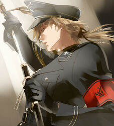  1boy :o aiguillette backlighting belt belt_buckle black_gloves black_hat blonde_hair buckle buttons commentary_request cross from_side getbackers glint gloves hat highres hirai_chika holding holding_sword holding_weapon iron_cross long_sleeves looking_at_viewer male_focus md5_mismatch military military_uniform open_mouth peaked_cap pocket profile sheath sheathed solo sword tassel uniform unsheathing upper_body uryuu_toshiki weapon 