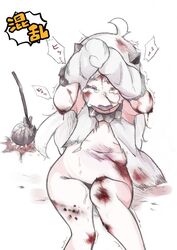  abuse abyssal_ship ahoge bad_id bad_twitter_id bare_legs bleeding blood blood_on_clothes blood_splatter bottomless bruise colored_skin commentary covering_head covering_privates crack crying deep_wound dress feet_out_of_frame female horns injury kantai_collection long_hair mittens navel no_panties northern_ocean_princess nosebleed open_mouth pale_skin partially_undressed red_nose sacha scrape short_sleeves sitting solo stab streaming_tears tears torn_clothes torn_dress torn_mittens translation_request trembling white_dress white_hair white_skin 