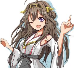  ;d absurdres armpits bad_id bad_pixiv_id brown_hair detached_sleeves female hair_ornament highres japanese_clothes kantai_collection kongou_(kancolle) long_hair long_sleeves looking_at_viewer nontraditional_miko one_eye_closed open_mouth purple_eyes ribbon-trimmed_sleeves ribbon_trim sash simple_background smile solo velia very_long_hair white_background wide_sleeves 