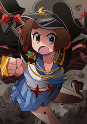  banchou brown_eyes brown_hair commentary_request crescent crescent_hat_ornament delinquent female geta hat hat_ornament he_pu_pu jacket jacket_on_shoulders kill_la_kill mankanshoku_mako school_uniform serafuku short_hair skirt solo 