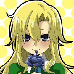  ascot biting blonde_hair blue_eyes blue_flower blue_rose commentary_request dress female flower green_dress hair_between_eyes holding holding_flower ib_(kouri) long_hair mary_(ib) matsudora124 rose solo 