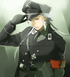  1boy adjusting_clothes adjusting_headwear arm_up armlet belt belt_buckle black_gloves black_jacket black_necktie buckle buttons closed_mouth collared_shirt commentary_request cross earrings feather_earrings feathers getbackers glasses gloves grey_shirt hat highres hirai_chika iron_cross jacket jewelry long_sleeves looking_at_viewer male_focus md5_mismatch military military_uniform necktie pocket rimless_eyewear round_eyewear sam_browne_belt shirt smile solo toufuuin_saizou uniform wing_collar 