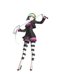  breasts capri_pants cropped_jacket female full_body green_hair hairband headphones high_heels leggings light_green_hair no_socks official_art pants phonon_(under_night_in-birth) short_hair skirt skirt_set small_breasts solo striped striped_leggings under_night_in-birth under_night_in-birth_exe:late[st] whip yoshihara_seiichi 