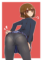  ass brown_hair commentary_request female hair_ornament hairclip hirasawa_yui k-on! panties panties_under_pantyhose pantyhose pantyshot sakuragaoka_high_school_uniform school_uniform short_hair smile standing tyranu underwear upskirt 