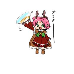  antlers arm_up bell boots cape commentary_request dress facial_mark fae_(fire_emblem) fae_(winter)_(fire_emblem) female fire_emblem fire_emblem:_the_binding_blade fire_emblem_heroes forehead_mark full_body fur_trim green_eyes horns long_sleeves open_mouth pointy_ears purple_hair reindeer_antlers short_hair simple_background solo standing turuga white_background 