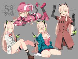  absurdres alternate_costume animal_ear_headphones animal_ears bare_legs blonde_hair blush boots bow bowtie breasts cardigan cat_ear_headphones cat_ears cat_tail coat commentary_request cosplay eromanga_sensei fake_animal_ears female girls&#039;_frontline gloves green_eyes gridman_universe hair_between_eyes hat hayarob headphones highres izumi_sagiri izumi_sagiri_(cosplay) korean_commentary llenn_(sao) llenn_(sao)_(cosplay) long_hair long_sleeves looking_at_viewer multiple_views off_shoulder pants pantyhose pink_headwear pink_pants pink_shirt pout red_bow red_coat shirt sidelocks ssss.gridman strap sword_art_online sword_art_online_alternative:_gun_gale_online tail takarada_rikka takarada_rikka_(cosplay) thigh_strap tmp_(girls&#039;_frontline) very_long_hair white_cardigan yellow_bow 