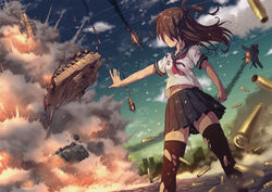  \||/ aircraft airplane aki_(akisora_hiyori) arm_at_side black_skirt black_thighhighs brown_hair building burning burnt_clothes city clenched_hand cloud commentary_request contrail damaged debris dust dust_cloud explosion f-35_lightning_ii falling female fire floating_hair from_below highres lav-25 legs_apart light_particles long_hair m1_abrams midriff_peek military military_vehicle miniskirt motion_blur motor_vehicle navel original outdoors outstretched_arm photoshop_(medium) pleated_skirt school_uniform serafuku shade shell_casing short_sleeves skirt sky skyscraper smoke smoke_trail solo standing stryker tank thighhighs torn_clothes torn_skirt torn_thighhighs two_side_up upshirt upskirt 