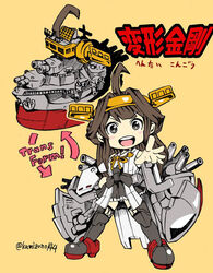  ahoge bare_shoulders battleship boots brown_hair commentary_request detached_sleeves double_bun female hair_bun hairband headgear japanese_clothes kamizono_(spookyhouse) kantai_collection kongou_(battleship) kongou_(kancolle) long_hair machinery military military_vehicle nontraditional_miko open_mouth photoshop_(medium) pleated_skirt ship skirt smile solo thigh_boots thighhighs transformation turret twitter_username uniform warship watercraft weapon 