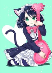  animal_ears bad_id bad_pixiv_id bell blue_hair blush bow bowtie cat_ears cat_girl cat_tail curly_hair cyan_(show_by_rock!!) female green_eyes guitar heart_guitar instrument looking_at_viewer m_0506 short_hair show_by_rock!! solo strawberry_heart_(show_by_rock!!) striped_clothes striped_thighhighs tail thighhighs 