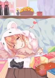  animal_ears artist_request blanket bowl breasts chips cleavage drooling feline female food fruit fruit_bowl heart looking_at_viewer open_mouth orange orange_hair oranges pillow playstation_2 snack snacks source_request 