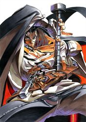  1boy bandages belt black_pants blazblue cape forked_eyebrows highres ishiwatari_daisuke kagura_mutsuki male_focus pants solo sword weapon wrist_wrap 