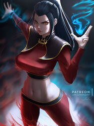  &gt;:) avatar:_the_last_airbender avatar_legends azula black_hair blue_fire blurry blurry_background breasts commentary_request cowboy_shot female fighting_stance fire forehead large_breasts lolliedrop long_hair long_sleeves looking_at_viewer magic midriff navel orange_eyes outstretched_arm pants patreon_username perky_breasts ponytail red_pants sakimichan_(style) sidelocks signature solo stomach v-shaped_eyebrows 