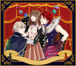  2boys adamas_(jewelic_nightmare) alexandrite_(gemstone) bad_id bad_pixiv_id black_gloves blazer blonde_hair blue_eyes blue_gemstone brown_gloves brown_hair brown_skirt cape chains choker crescent crescent_hair_ornament curtains female fur_trim gem gloves green_gemstone grin hair_ornament jacket jewelic_nightmare miri1120 multiple_boys name_connection object_namesake orange_eyes pleated_skirt red_eyes red_gemstone red_hair ru_(jewelic_nightmare) school_uniform shirt short_hair skirt sleeveless sleeveless_shirt smile sumeragi_seiichirou togari_kou tsukishiro_michiru 