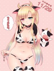  :t animal_ears animal_print bad_id bad_pixiv_id bikini breasts collar cow_ears cow_girl cow_horns cow_print cow_print_bikini earrings fake_animal_ears female green_eyes heterochromia highres horns jewelry large_breasts long_hair looking_at_viewer navel original pink_eyes pointy_ears print_bikini puppet side-tie_bikini_bottom solo swimsuit thighhighs tsukikage_nemu underboob untied 