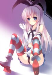  anchor bad_id bad_pixiv_id blonde_hair blue_eyes blush elbow_gloves female gloves hair_ornament hair_ribbon highres kantai_collection long_hair midriff panties pantyshot ribbon shimakaze_(kancolle) sitting socks solo striped_clothes striped_thighhighs thighhighs toake_mikage underwear 