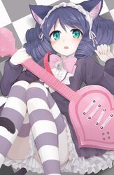  animal_ears bad_id bad_pixiv_id bell blue_hair blush bow bowtie cat_ears cat_girl cat_tail checkered_background curly_hair cyan_(show_by_rock!!) female green_eyes guitar headdress heart heart_guitar instrument looking_at_viewer mobu short_hair show_by_rock!! solo strawberry_heart_(show_by_rock!!) striped_clothes striped_thighhighs tail thighhighs 