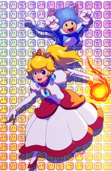  ?_block animal_costume animal_ears animal_hands bad_id bad_tumblr_id blonde_hair blue_eyes blue_toad_(mario) cat_costume cat_ears cat_tail cat_toad_(mario) crown dress earrings elbow_gloves female fire_peach fireball gem gloves high_heels jewelry long_dress mario_(series) pantyhose paw_gloves pixelated ponytail princess_peach robaato sphere_earrings super_mario_3d_world tail toad_(mario) white_legwear 