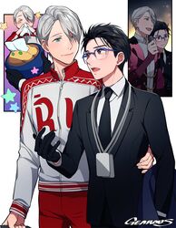  &gt;_&lt; 2boys artist_name black_gloves black_hair blazer blowing_nose blue-framed_eyewear blue_eyes brown_eyes commentary formal gearous glasses gloves grey_hair hair_slicked_back hand_on_another&#039;s_shoulder jacket katsudon_(food) katsuki_yuuri lanyard male_focus microphone multiple_boys necktie open_mouth role_reversal smile sparkle star_(symbol) suit tissue tissue_box track_suit viktor_nikiforov yuri!!!_on_ice 