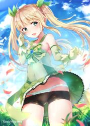  :d ahoge bare_shoulders bike_shorts black_shorts blonde_hair blue_sky blush bow bow_panties bowtie brooch circle_name cloud cloudy_sky commentary_request covered_navel cowboy_shot day elbow_gloves falling_leaves female fujihan_(osamuraifuji) gloves grass green_bow green_bowtie green_eyes green_gloves green_ribbons green_shirt green_skirt hair_ribbon hand_up jewelry lace lace-trimmed_panties lace_trim leaf legs_apart long_hair looking_at_viewer miniskirt necklace open_mouth original outdoors panties panties_under_shorts pleated_skirt ribbon see-through shirt shorts shorts_under_skirt sidelocks skirt sky sleeveless sleeveless_shirt smile solo standing twintails underwear white_panties wind wind_lift yumehiko 