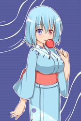  blue_eyes blue_hair blush breasts candy_apple commentary_request female food garasuita heterochromia highres large_breasts open_mouth red_eyes short_hair simple_background smile solo tatara_kogasa touhou 