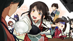  &gt;:) &gt;_&lt; 0_0 6+girls :d :o =_= akagi_(kancolle) bare_shoulders black_hair blush bowl breasts brown_eyes brown_hair cardigan closed_eyes commentary_request elbow_gloves eyepatch fingerless_gloves fish flat_chest food food_on_face gloves hair_ornament hairclip hat headgear houshou_(kancolle) ikazuchi_(kancolle) japanese_clothes kaga_(kancolle) kantai_collection kariginu kgr long_hair magatama multiple_girls muneate nagato_(kancolle) necktie open_mouth purple_hair rectangular_mouth rice_bowl ryuujou_(kancolle) school_uniform serafuku short_hair side_ponytail sitting skirt smile sparkle table tasuki tenryuu_(kancolle) turn_pale twintails v-shaped_eyebrows visor_cap 