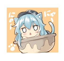  anchor_symbol animal_ears blue_hair blush cat_ears cat_tail chibi commentary_request female flat_cap hat hibiki_(kancolle) kantai_collection kemonomimi_mode looking_at_viewer mayusaki_yuu neko_nabe o_o solo tail triangle_mouth 