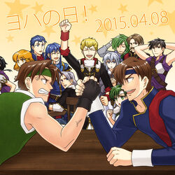  2015 4girls 6+boys :d anger_vein angry ares_(fire_emblem) arm_up arm_wrestling arthur_(fire_emblem:_genealogy_of_the_holy_war) black_gloves black_hair blonde_hair blue_eyes blue_hair brothers brown_eyes brown_hair clenched_teeth closed_eyes commentary_request dated fee_(fire_emblem) fingerless_gloves fire_emblem fire_emblem:_genealogy_of_the_holy_war futatsuki_(perfect_lovers) gloves green_eyes green_hair grey_hair headband iuchar_(fire_emblem) iucharba_(fire_emblem) julia_(fire_emblem) lana_(fire_emblem) larcei_(fire_emblem) lester_(fire_emblem) lewyn_(fire_emblem) multiple_boys multiple_girls oifey_(fire_emblem) open_mouth orange_hair rivalry scathach_(fire_emblem) seliph_(fire_emblem) siblings smile teeth v-shaped_eyebrows 