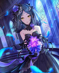  artist_request black_dress black_gloves black_hair dark_bride dress earrings elbow_gloves feathers female flower gloves hair_flower hair_ornament hayami_kanade idolmaster idolmaster_cinderella_girls jewelry jpeg_artifacts official_art parted_bangs short_hair solo strapless strapless_dress wedding wedding_dress yellow_eyes 