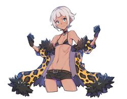  animal_print aqua_eyes bare_shoulders belt belt_buckle bikini bikini_top_only black_bikini black_gloves black_shorts blunt_bangs breasts buckle choker clenched_hands closed_mouth coat collarbone commentary_request contrapposto cowboy_shot cropped_legs dark-skinned_female dark_skin eyelashes fang_out female fur_collar fur_trim gloves groin korean_commentary legs_apart leopard_print looking_at_viewer micro_shorts navel nora_(supernew) oerba_yun_fang open_clothes open_coat original protected_link short_hair short_shorts shorts silver_hair simple_background skull small_breasts smile solo standing supernew swimsuit very_short_hair white_background 