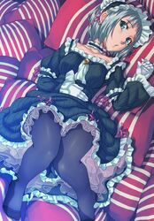  :o black_pantyhose bonnet choker cometch commentary_request dress female frills gloves gothic_lolita green_eyes grey_hair highres legs lolita_fashion lying on_back original pantyhose petticoat pillow ribbon short_hair solo striped 