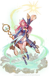  aqua_eyes arm_up blue_footwear boots breasts character_request cleavage cleavage_cutout clothing_cutout copyright_request english_text female floating hair_ornament hairclip hat highres holding holding_staff long_hair magic medium_breasts nexon open_mouth pink_hair simple_background solo staff thighhighs timbougami white_background white_thighhighs 