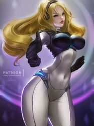  aiming armor black_gloves blonde_hair blue_eyes blurry blurry_background bodysuit boobplate breastplate breasts commentary covered_navel cowboy_shot english_commentary female finger_gun forehead gloves grey_bodysuit headgear headset impossible_bodysuit impossible_clothes large_breasts lolliedrop long_hair looking_at_viewer narrow_waist nova_(starcraft) parted_lips patreon_username pointing pointing_at_viewer red_lips sakimichan_(style) signature skin_tight solo starcraft terran thick_thighs thighs v-shaped_eyebrows wide_hips 