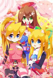  3boys 3girls animal_ears animal_hair_ornament belt beret blonde_hair blue_eyes bodystocking bow breasts brown_hair cat_ears cat_tail character_doll ciel_(mega_man) commentary_request dog_ears doll dress ear_ribbon gloves green_eyes green_ribbons hair_between_eyes hair_ornament hair_ribbon hairclip hand_on_own_chest hat heart high_ponytail holding holding_doll iris_(mega_man) lolicon long_hair long_sleeves looking_at_viewer looking_to_the_side medium_breasts mega_man_(character) mega_man_(classic) mega_man_(series) mega_man_8 mega_man_x4 mega_man_x_(series) mega_man_zero_(series) multiple_boys multiple_girls open_mouth ponytail rabbit_ears red_hat rento_(rukeai) ribbon roll_(mega_man) sidelocks sitting skirt smile star_(symbol) tail very_long_hair white_gloves zero(z)_(mega_man) zero_(mega_man) 