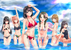  3: 6+girls :3 :d ^_^ arm_up armpits bare_shoulders bikini black_hair bracelet breast_envy breasts cleavage closed_eyes closed_mouth cloud commentary_request competition_school_swimsuit covered_navel day empty_eyes eyewear_on_head flower hair_flower hair_ornament hairclip hands_on_own_thighs highres isshiki_iroha jewelry long_hair looking_at_viewer medium_breasts meri-san midriff multi-strapped_bikini multicolored_bikini multicolored_clothes multiple_girls navel one-piece_swimsuit open_mouth outdoors red_bikini school_swimsuit shaded_face shiromeguri_meguri siblings side-tie_bikini_bottom sisters sky smile stretching sunglasses swimsuit thigh_gap tsurumi_rumi wading wavy_mouth yahari_ore_no_seishun_lovecome_wa_machigatteiru. yuigahama_yui yukinoshita_haruno yukinoshita_yukino 